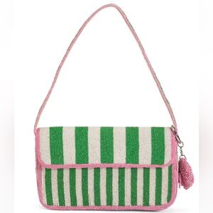 NWT Made in India Green and Pink Striped Beaded Bag with Bag Charm New